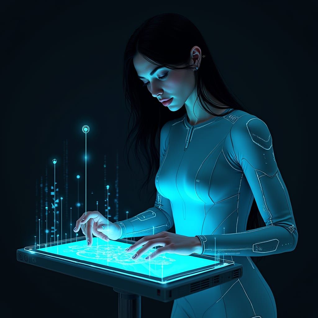 Futuristic Woman Interacts with Holographic Interface