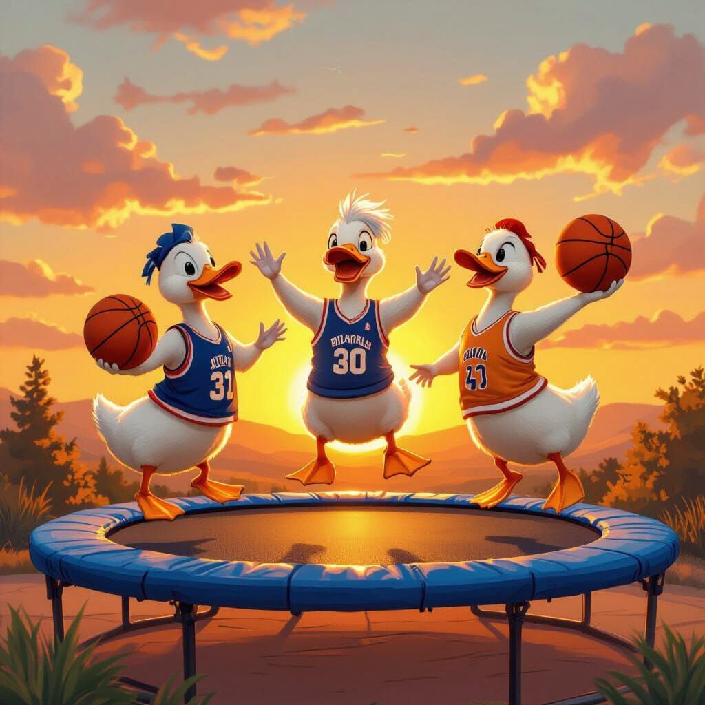 Ducks with Basketballs on Trampoline at Sunset