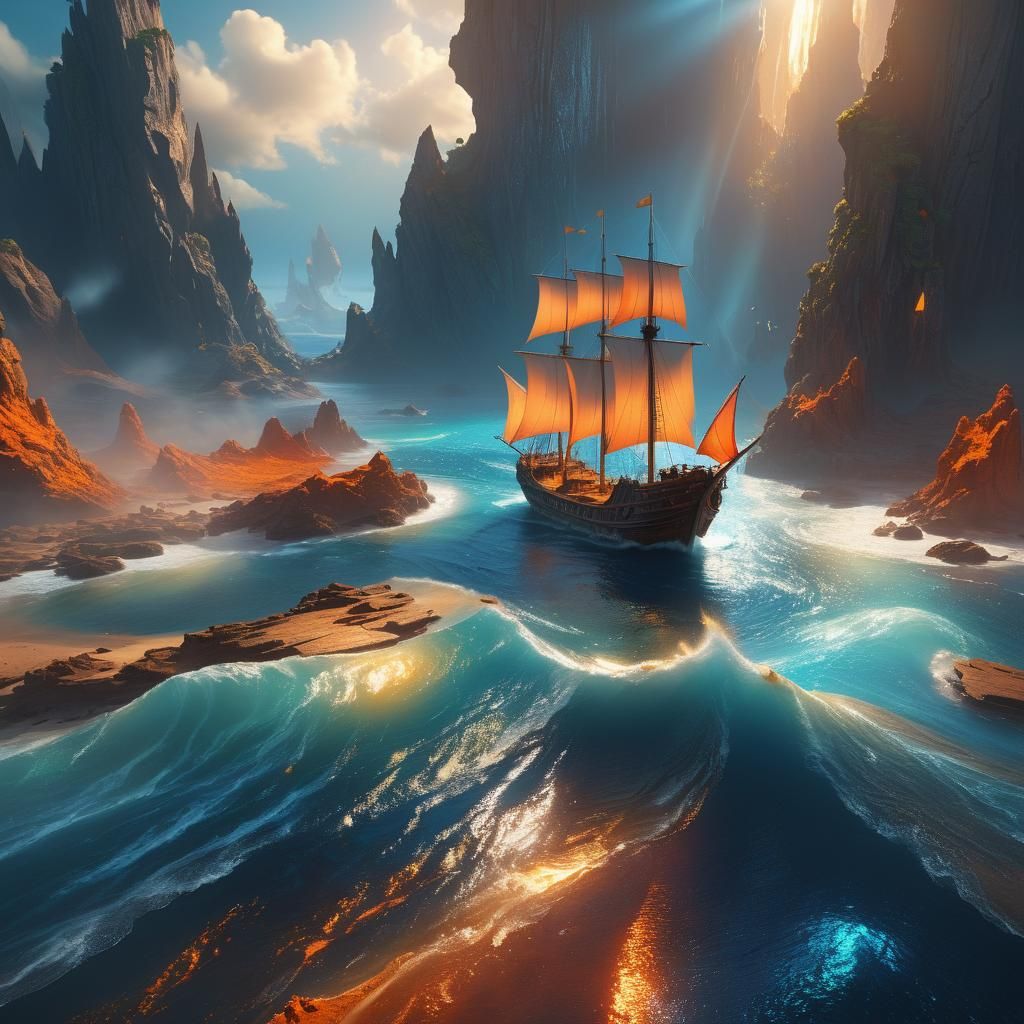 Mystical Ship Sails Through Glowing Archipelago