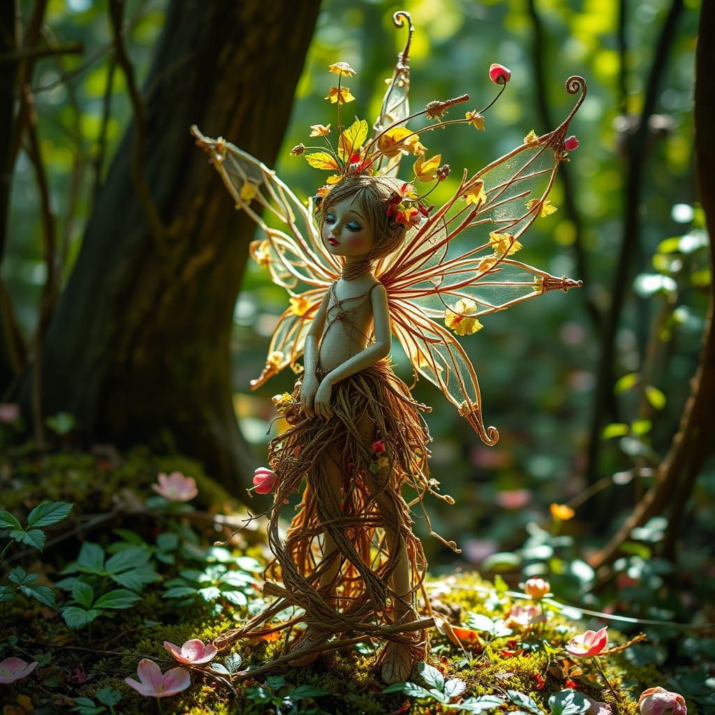 Whimsical Forest Fairy Crafted from Twigs and Leaves