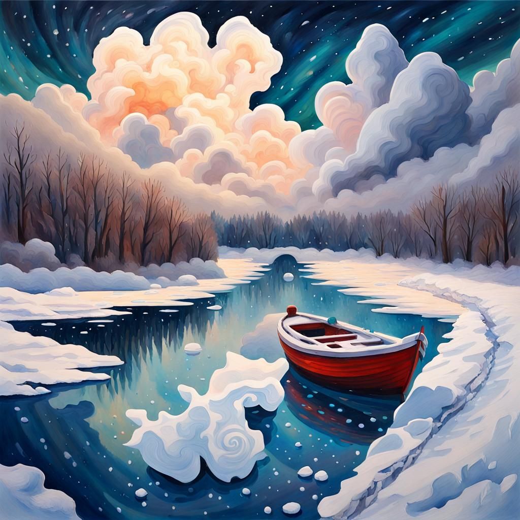 Winter River Scene with Snow Clouds in Gouache Style