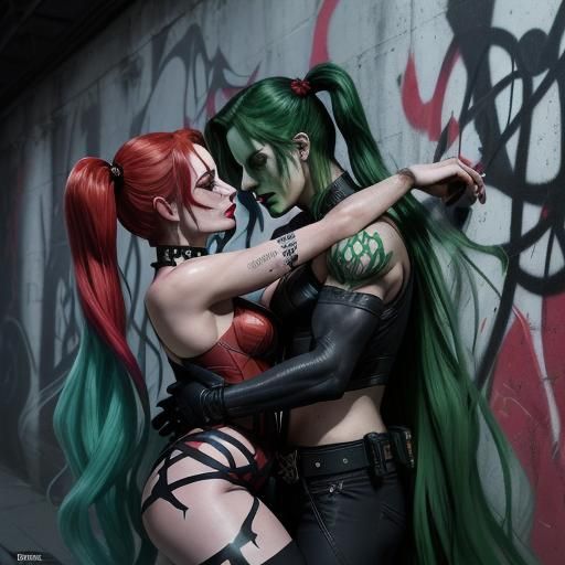 Harley Quinn and Poison Ivy's Kiss in Gotham City