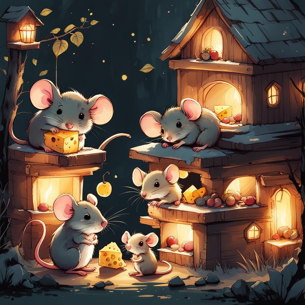 Chibi Mice in Cheese House: Watercolor Splash Art