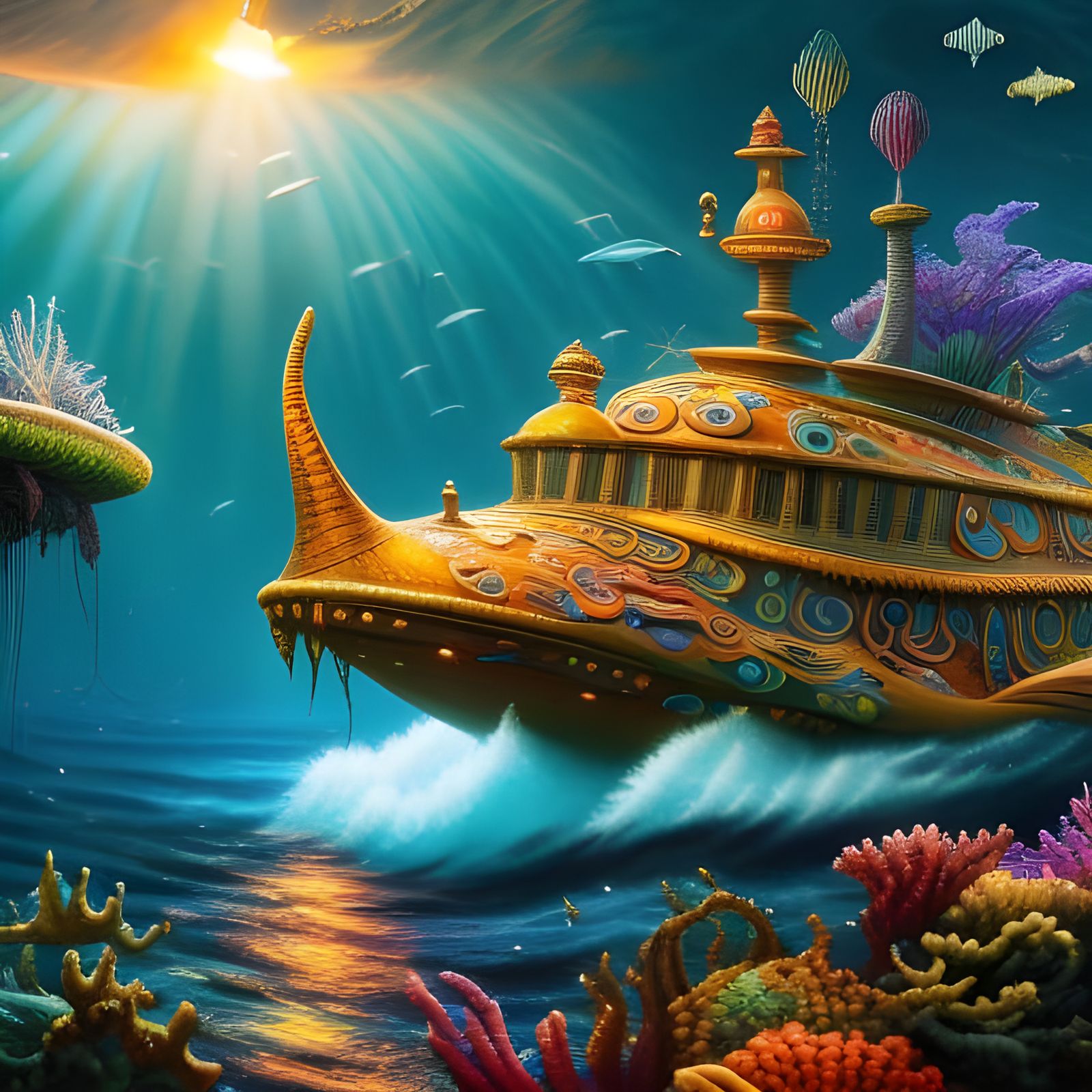 Enchanted Ocean Scene with Whimsical Submarine in 8K