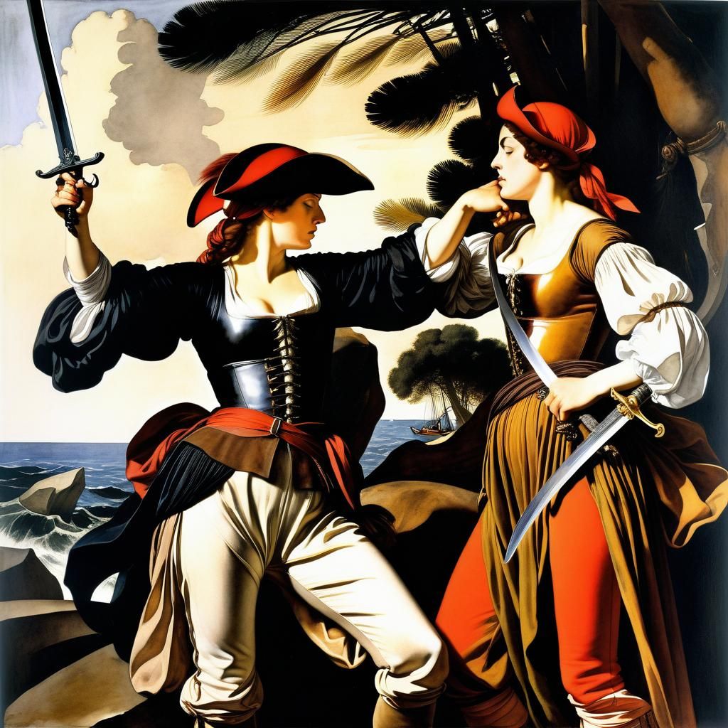 Fierce Women Pirates Fighting in Watercolor Style