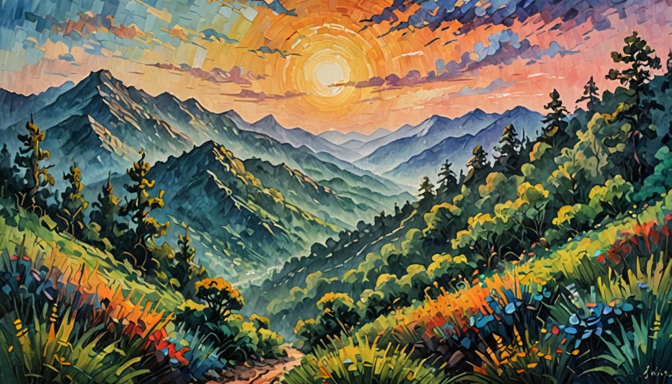Vibrant Neo-Impressionist Mountains in a Misty Sunset