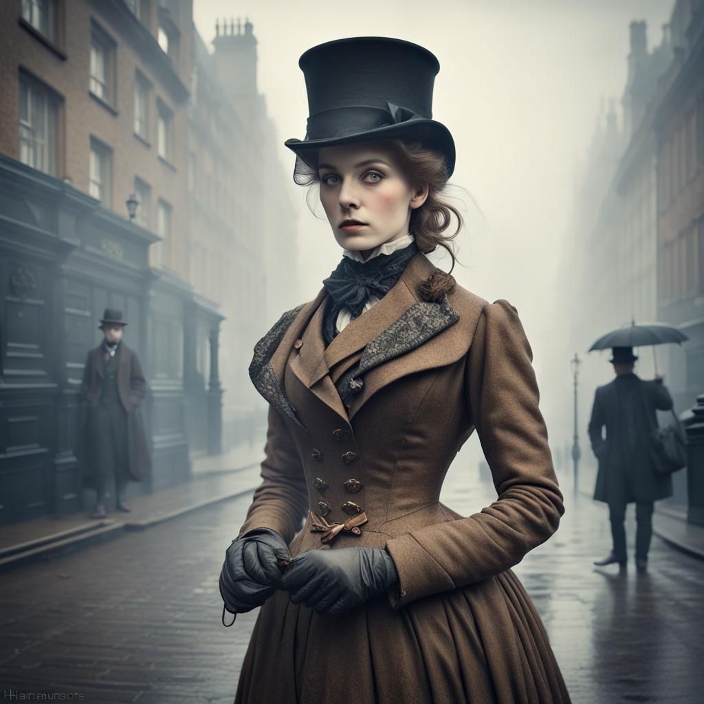 Victorian Detective in Foggy London Street