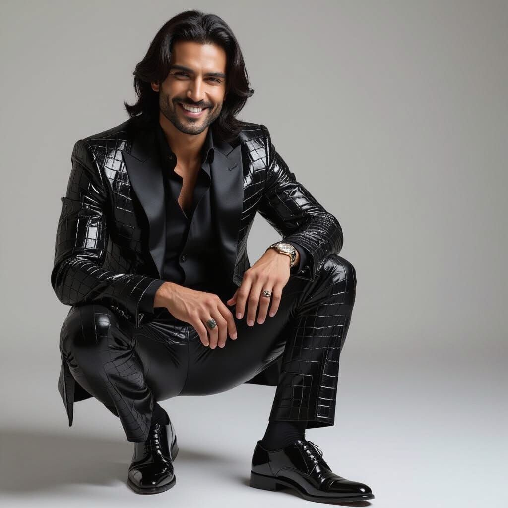 Sarcastic Pakistani Man in Crocodile Leather Suit