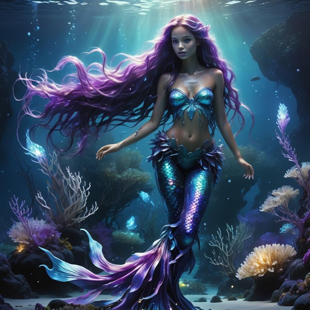 Glittering Fluorescent Mermaid in Ethereal Oceanscape