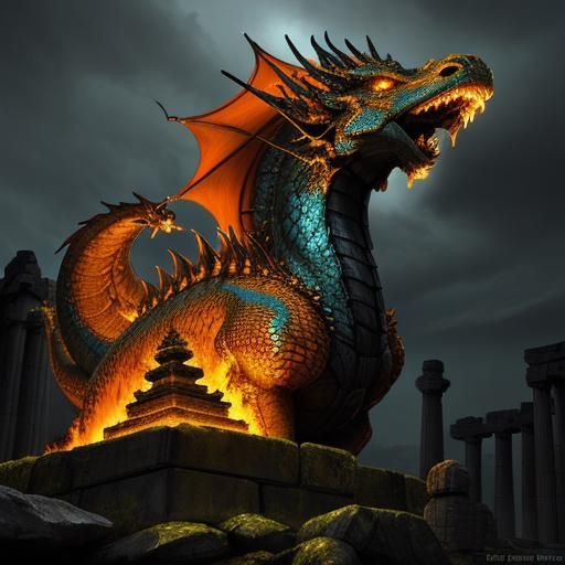Dragon's Fiery Breath in Ancient Temple Ruins