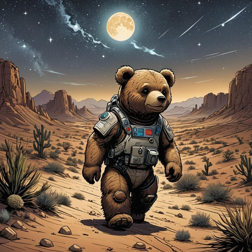 Teddy Bear Stargazing in Desert, Comic Book Art