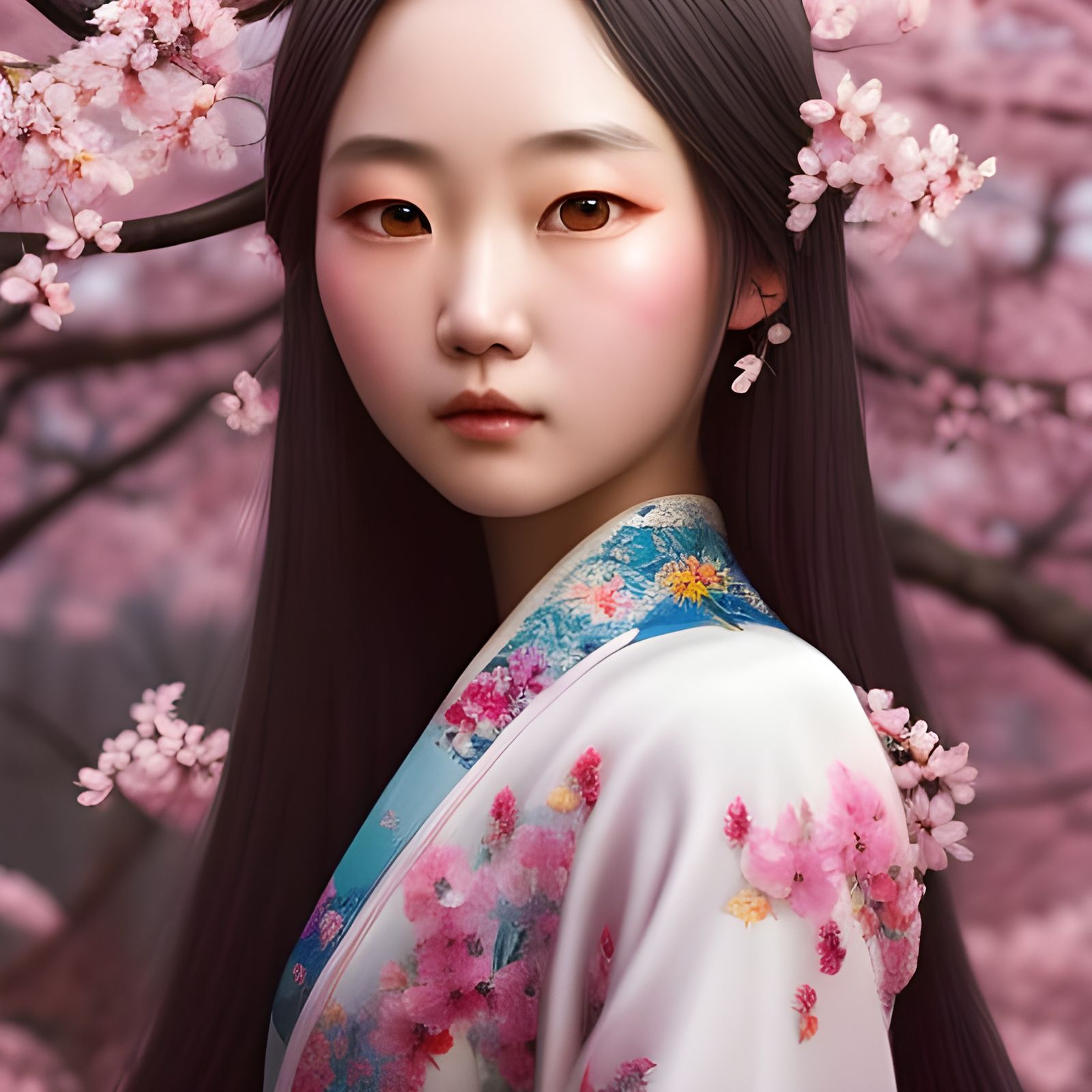 Japanese Girl in Cherry Blossom Forest, Detailed Portrait