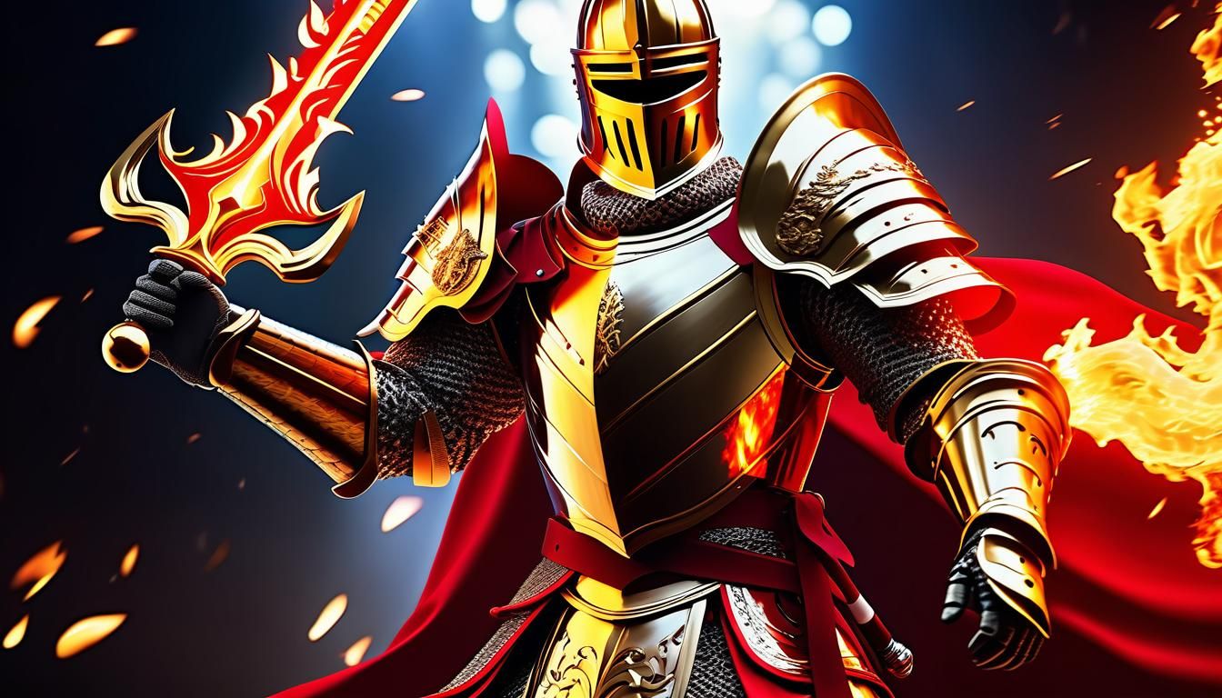 Golden Knight with Flaming Sword: Hyperrealistic Concept Art