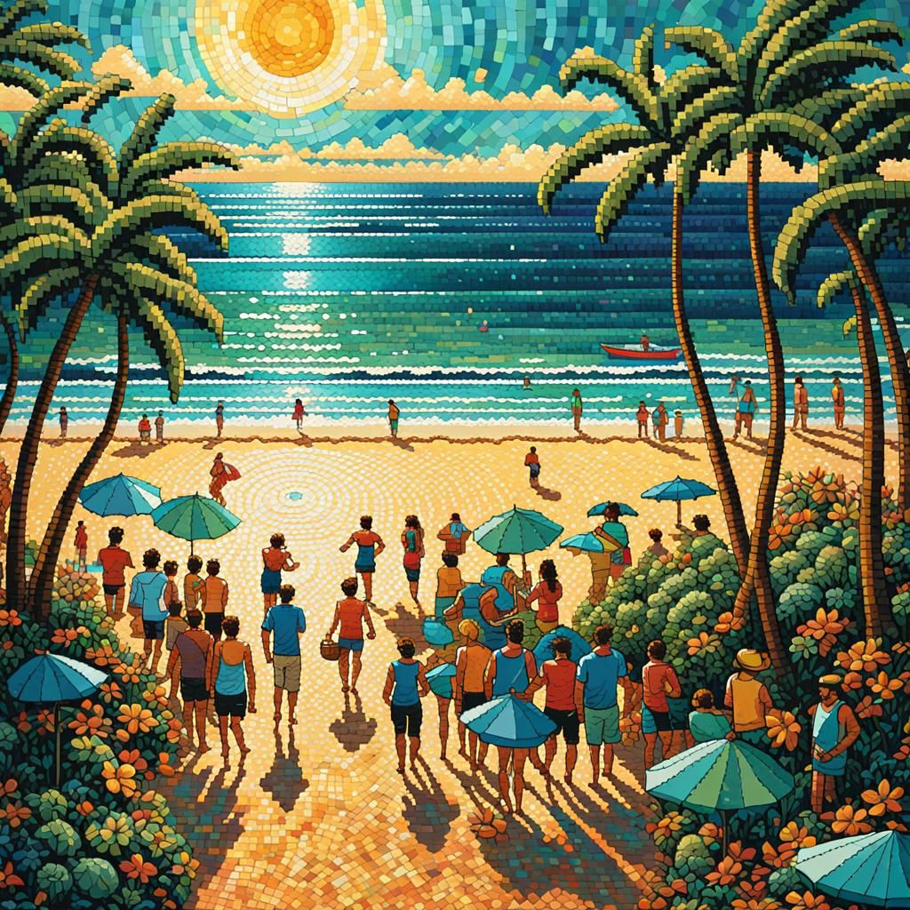 Sunny Beach with Happy People in Pixel Art