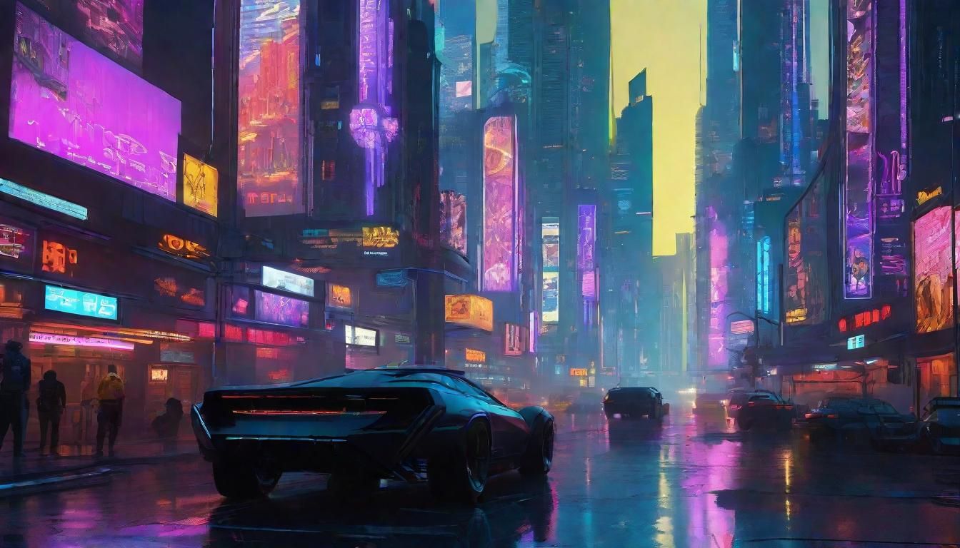 Cyberpunk Metropolis at Dusk in Neon Style
