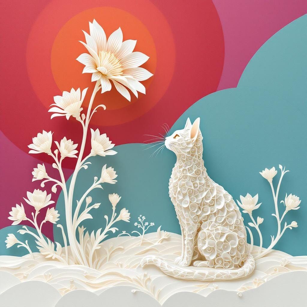 Papercraft Cat Under Flower in Quilling Style
