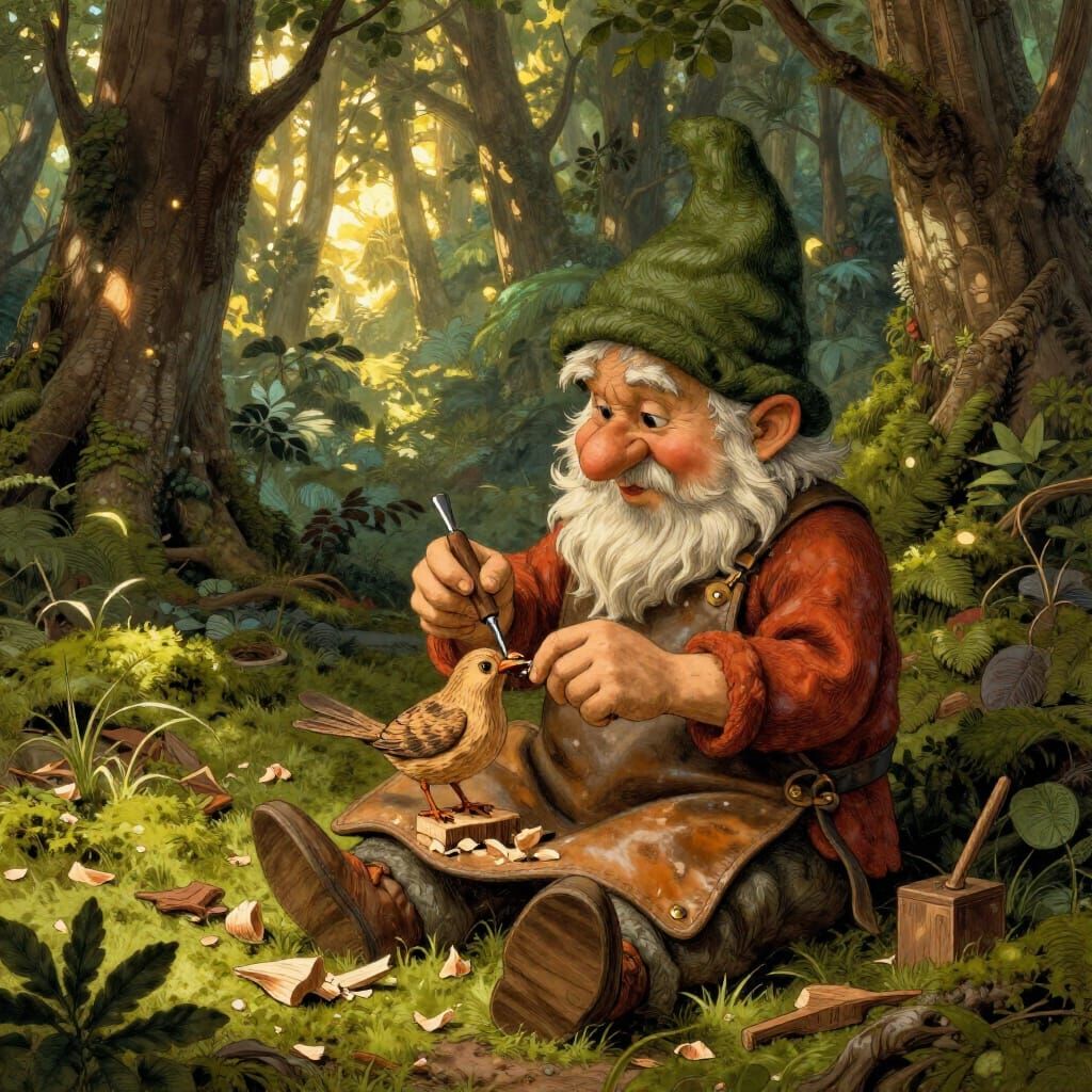 Whimsical Gnome Carving Bird in Mossy Forest