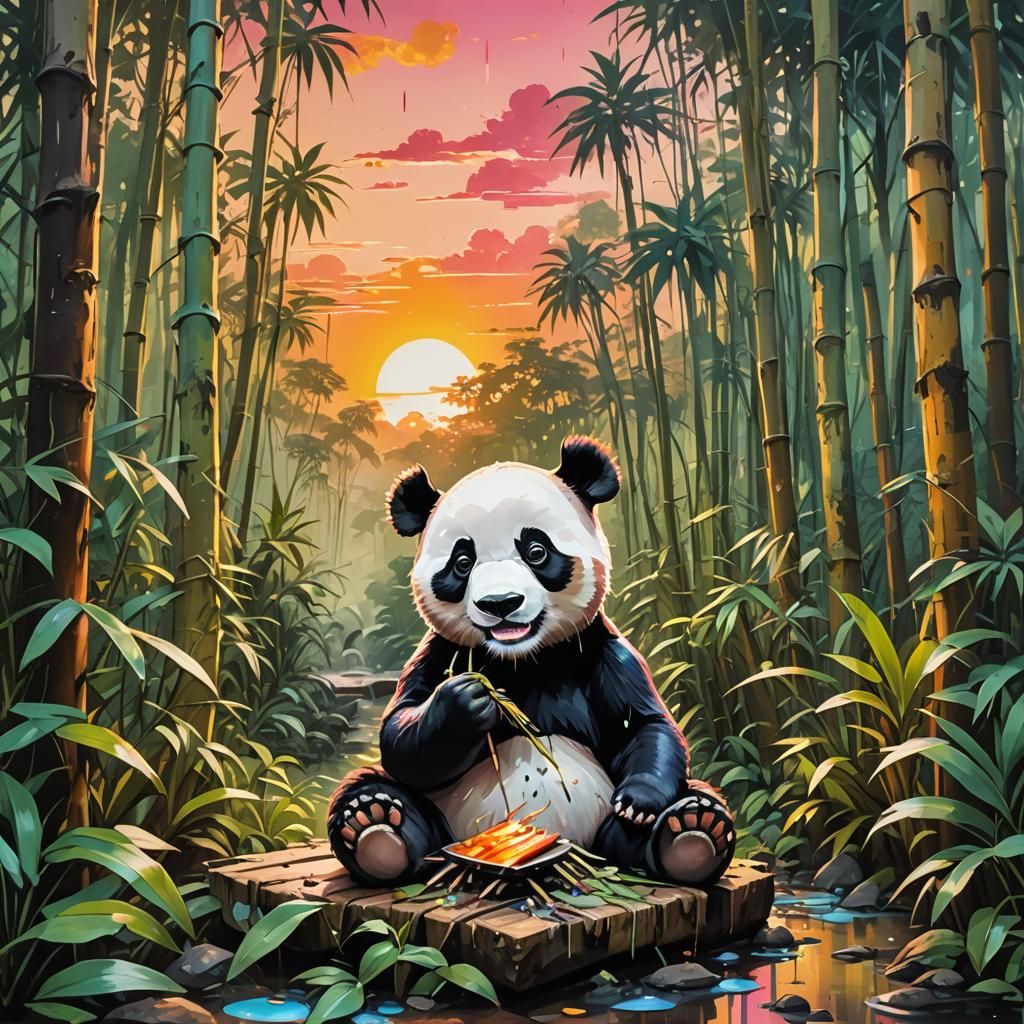 Happy Panda Eating Bamboo in Graffiti Art Style