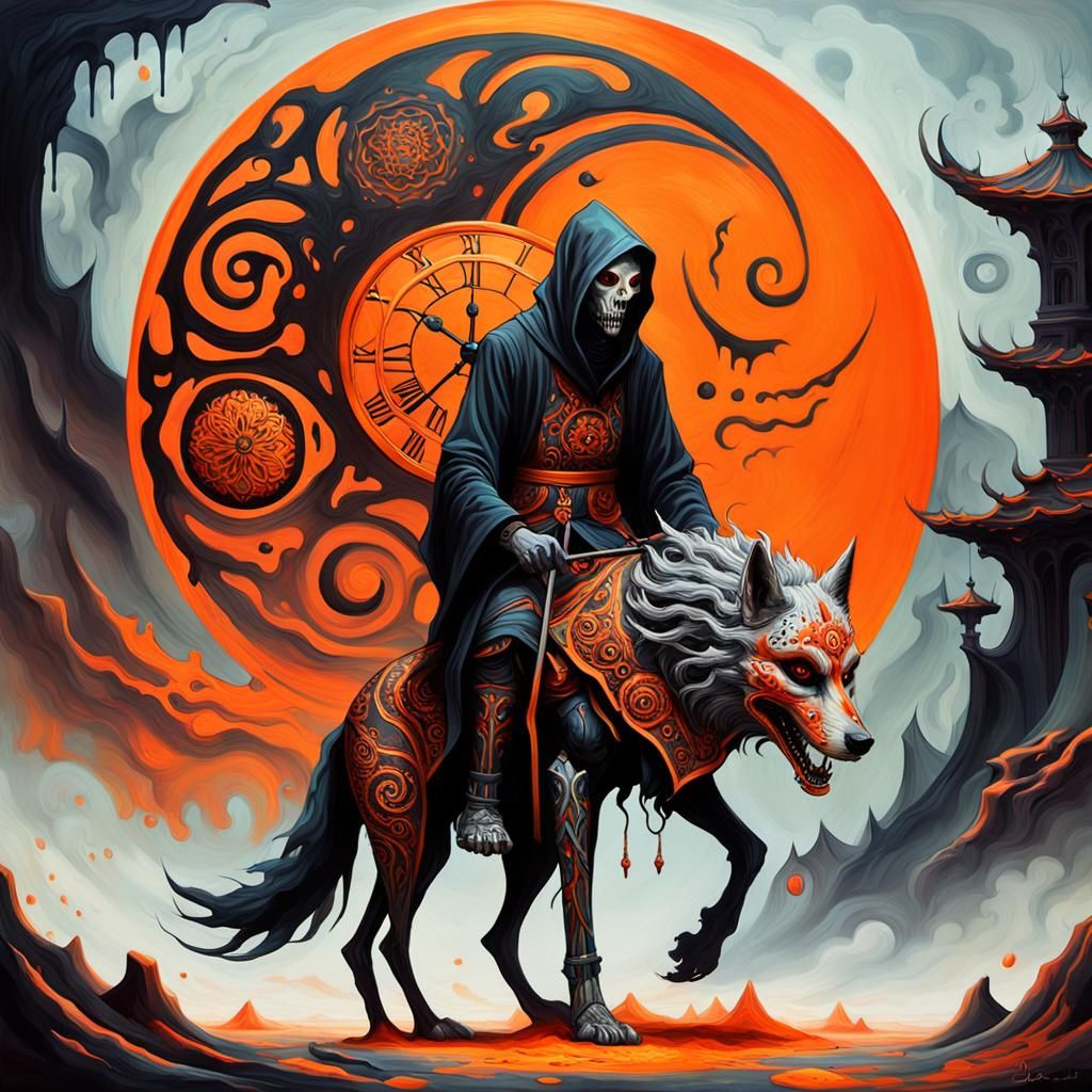 Reaper Death Knight on Wolf, Surreal Oil Painting