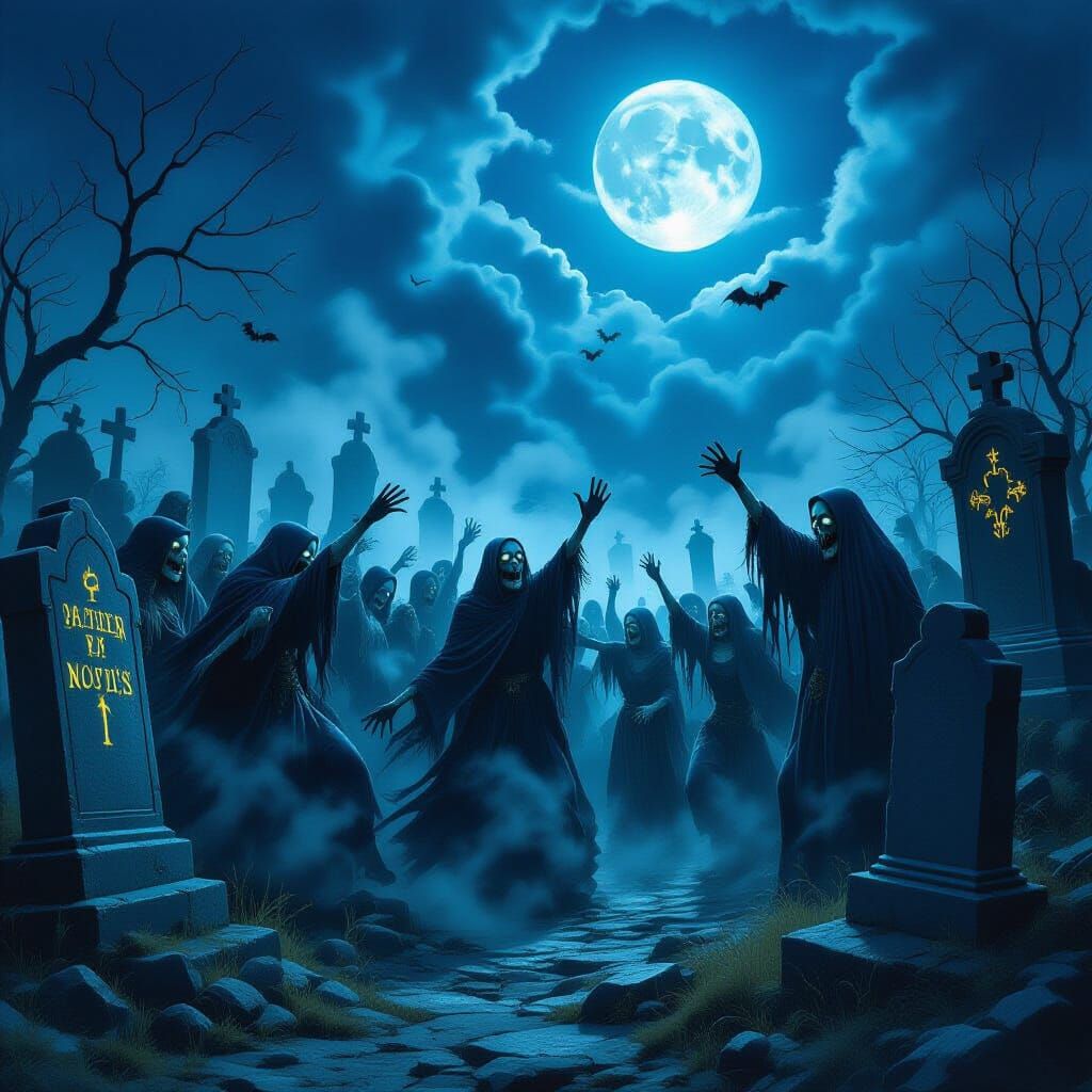Undead Horde Celebrates New Year in Moonlit Graveyard