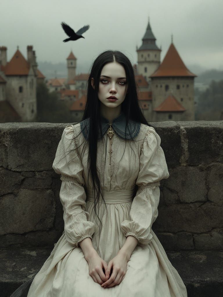 Melancholic Portrait of Woman Before Gothic Castle