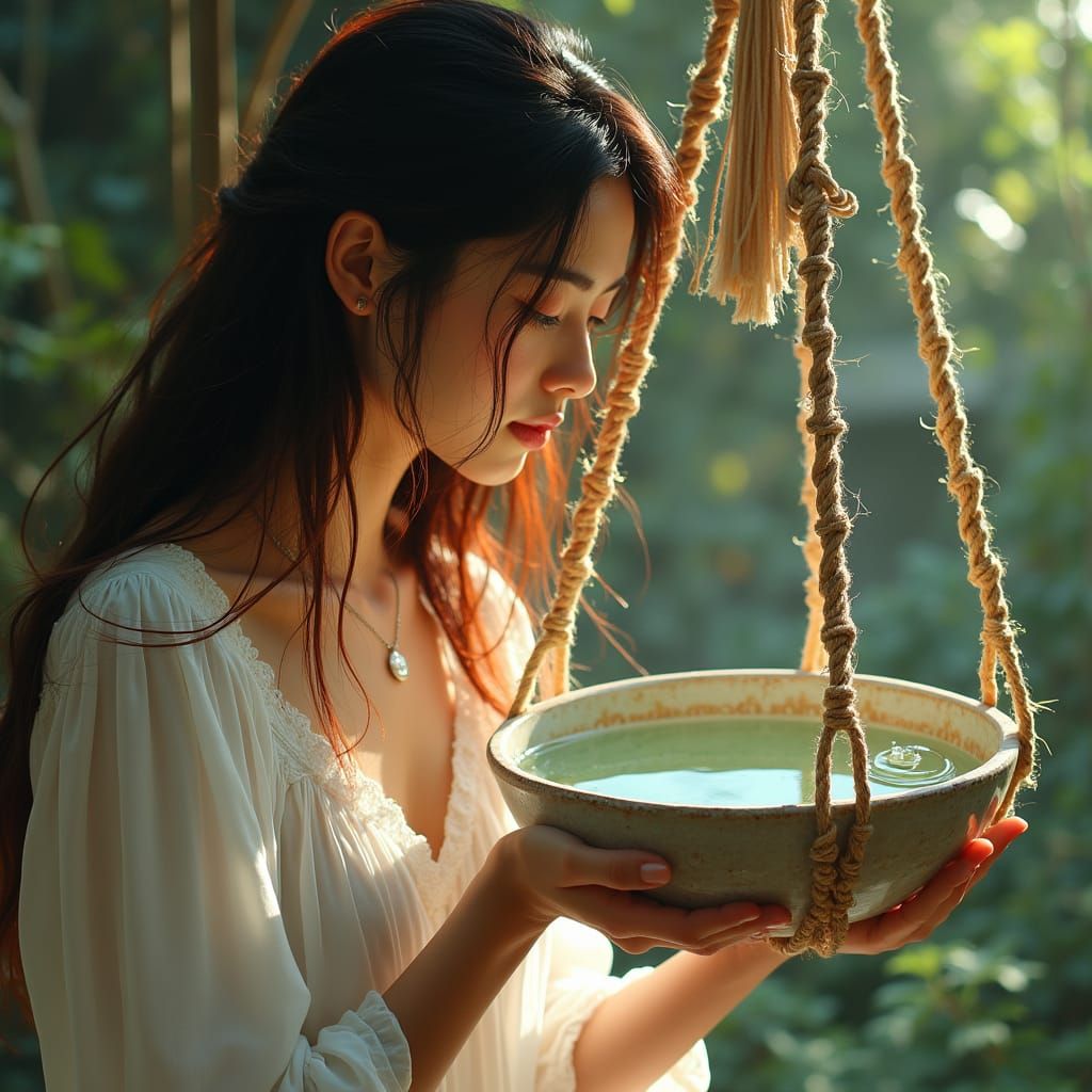 Woman Contemplating Water in a Macrame-Hung Bowl