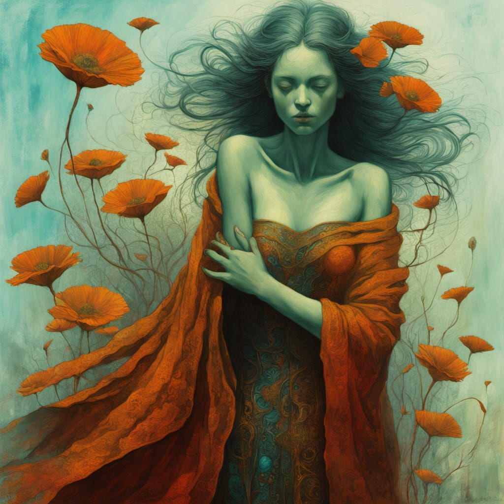 Elegant Woman in Turquoise Dress, Fantasy Art