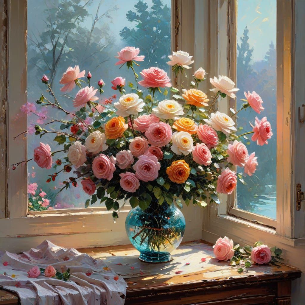 Vibrant Roses in Impasto Style