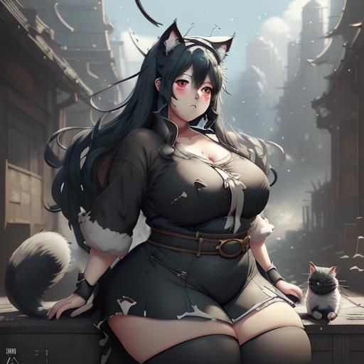 Curvaceous Anime Girl with Cat Features in Digital Painting