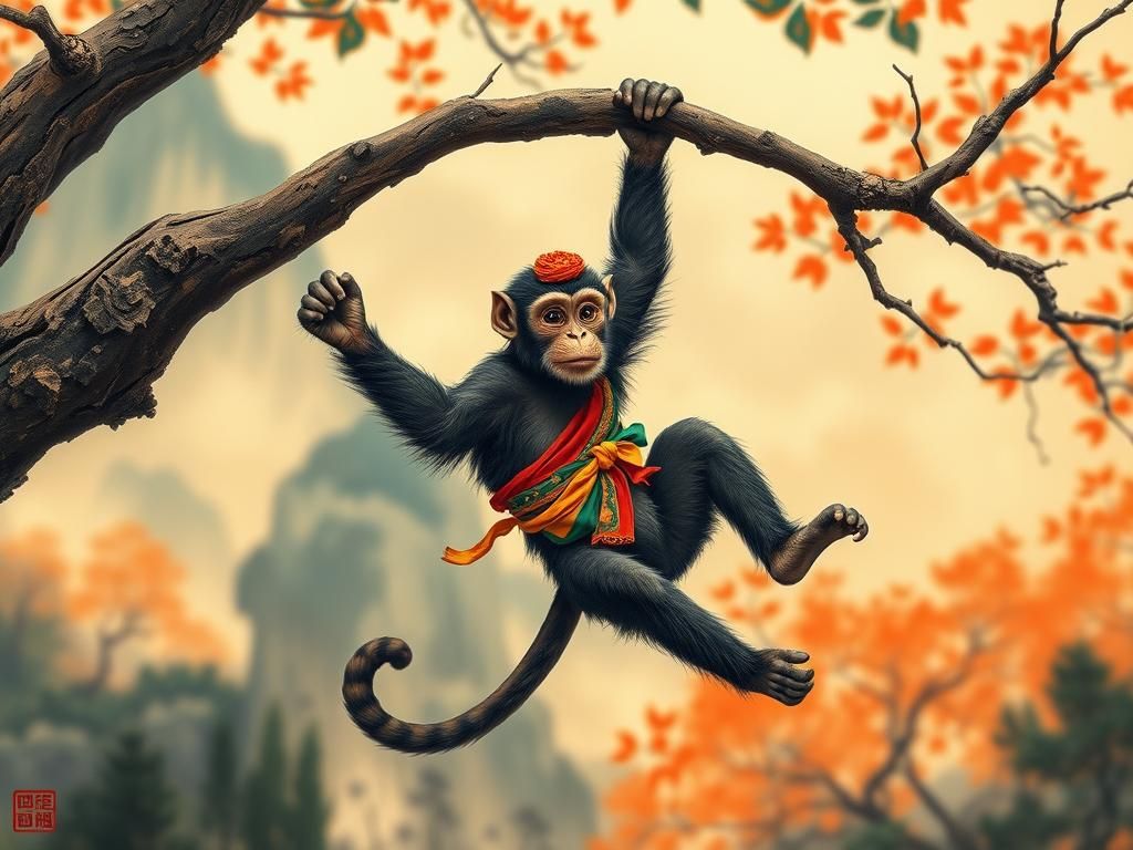 Monkey Swings Through Asian Landscape in Woodblock Print Sty...