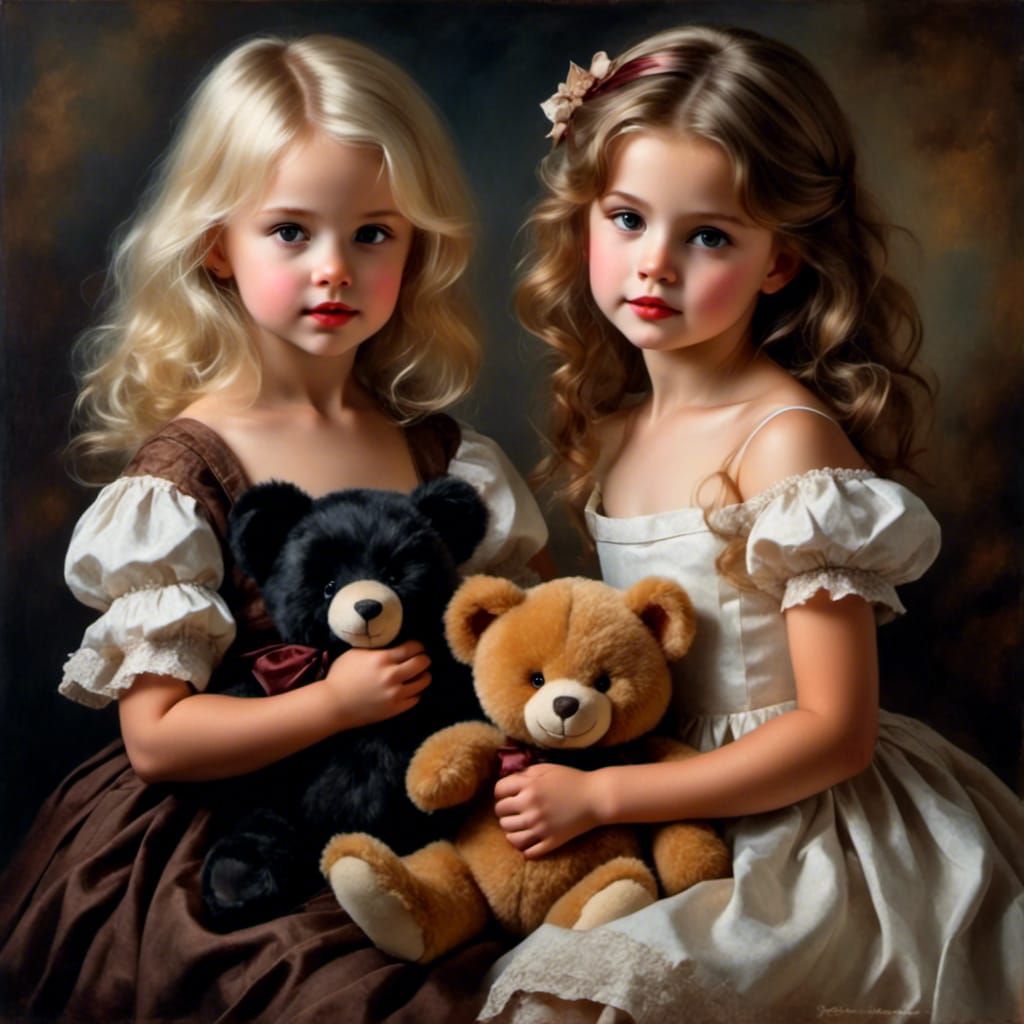 Two Little Girls with Teddy Bears