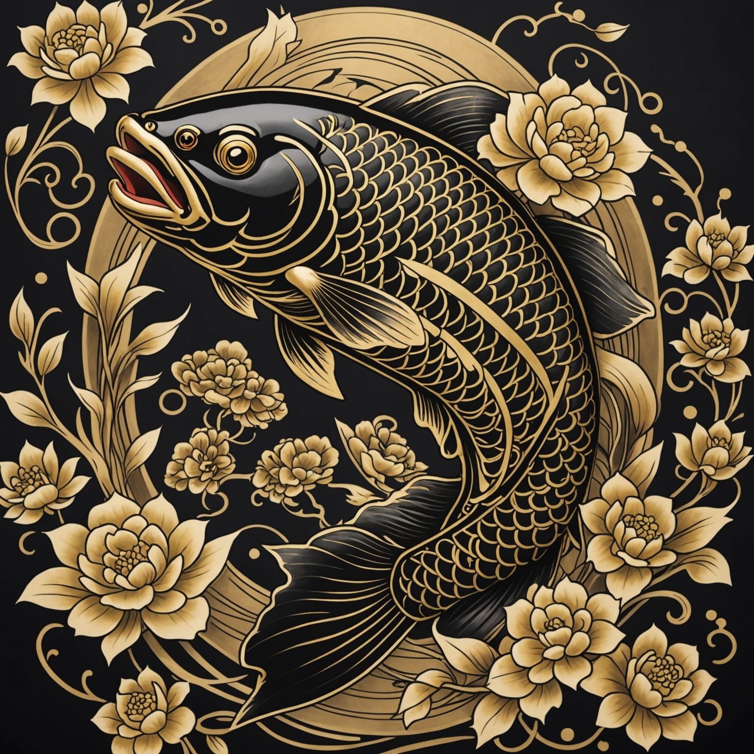 Japanese Tattoo Style Black and Gold Carp