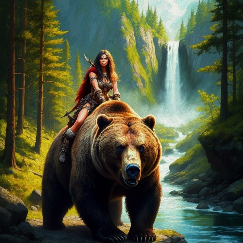 Impressionistic Barbarian Woman Riding a Grizzly Bear