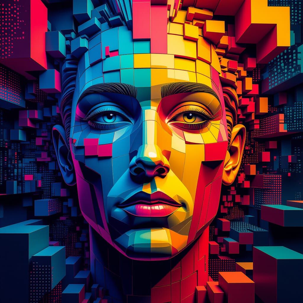 Fractal Face in Escher Tessellations and Neon Futurism