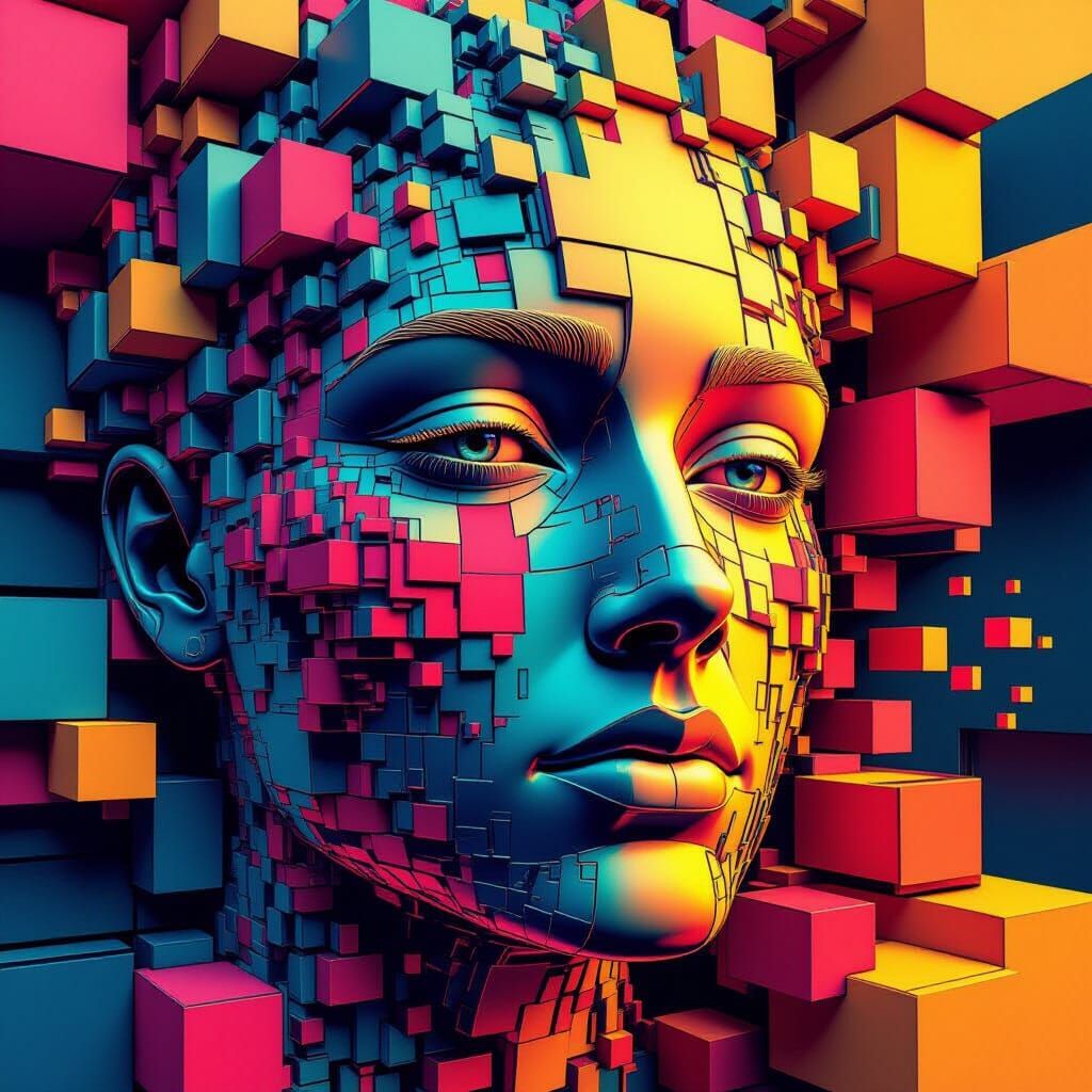 Fractal Face With Vibrant Primary Colors And Cube Patterns