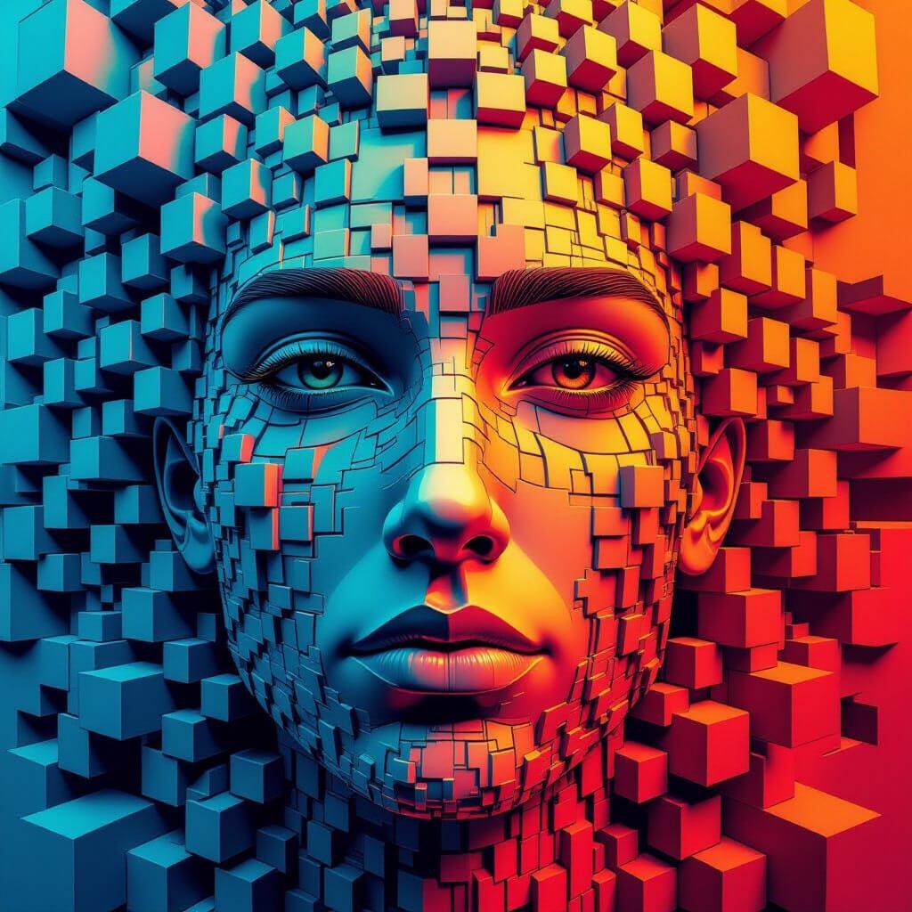 Fractal Face with Micro Cube Patterns in Futuristic Style