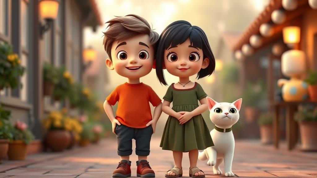 Charming 3D Render of Children with Cat