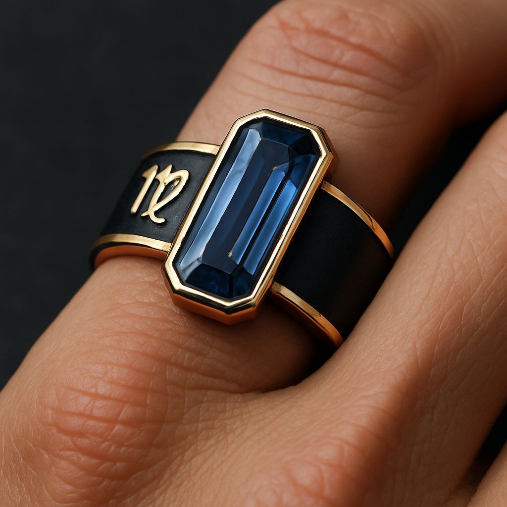 Virgo Symbol Ring with Sapphire in Black and Gold