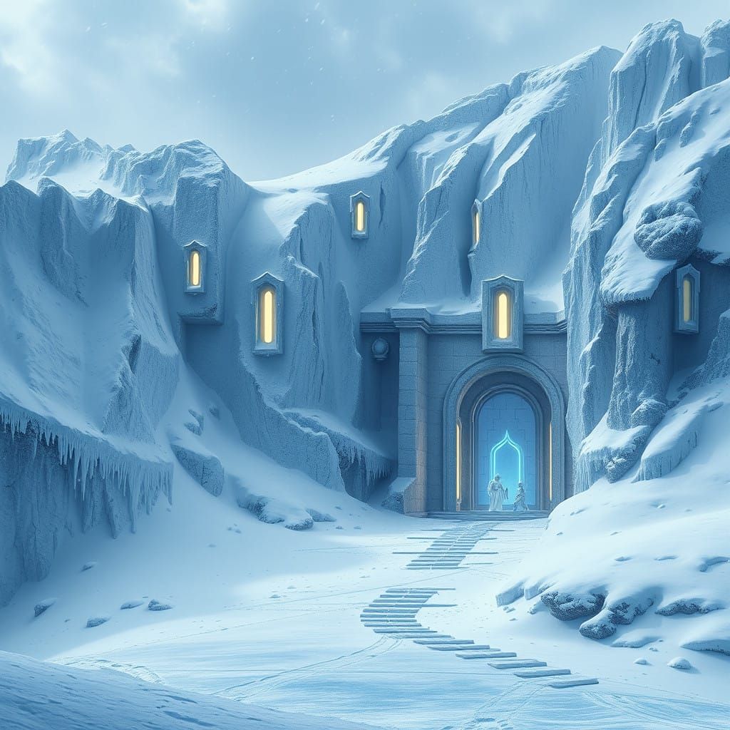 Ethereal Glacier Fortress in a Blizzard, Illuminated by Soft...