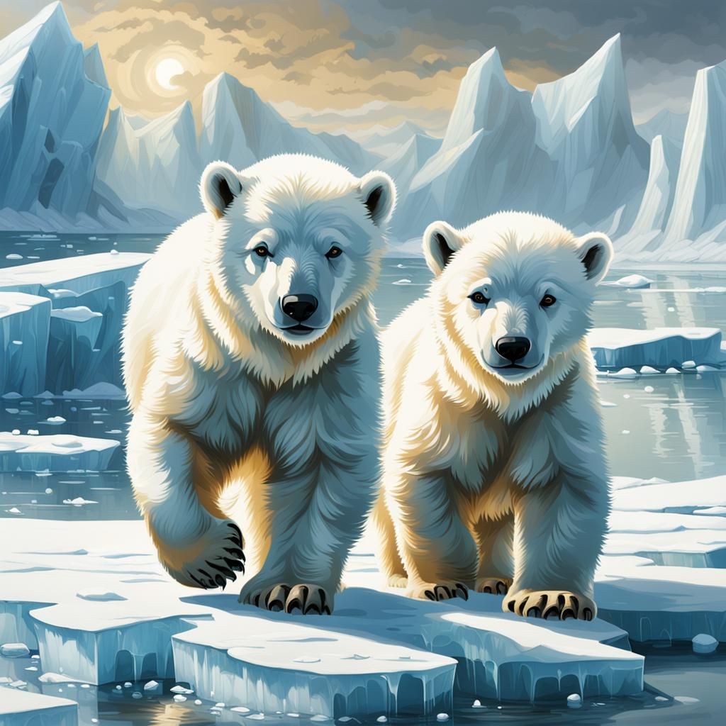 Playful Polar Bear Cubs Frolic in Arctic Landscape