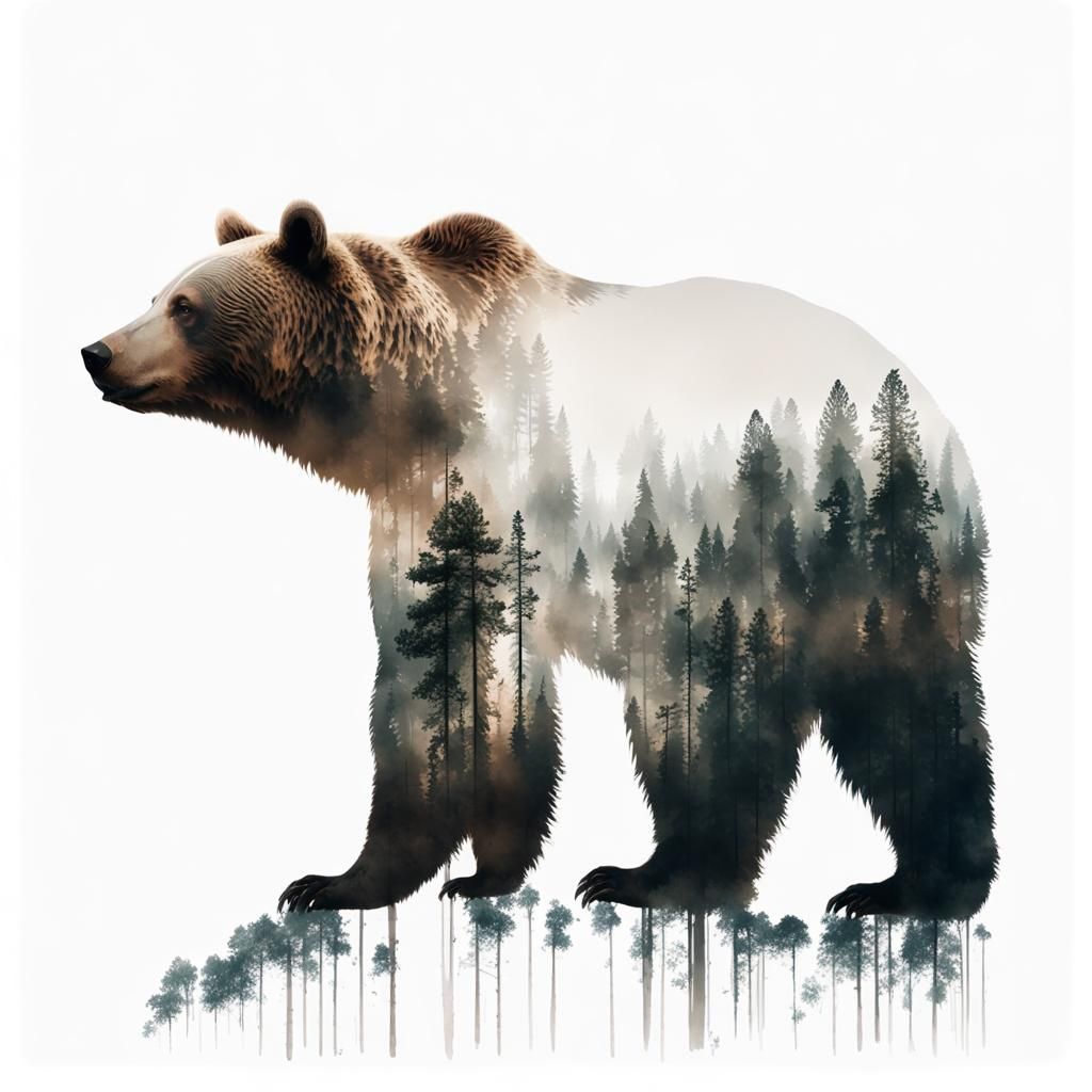Double Exposure Bear and Forest Photo Art