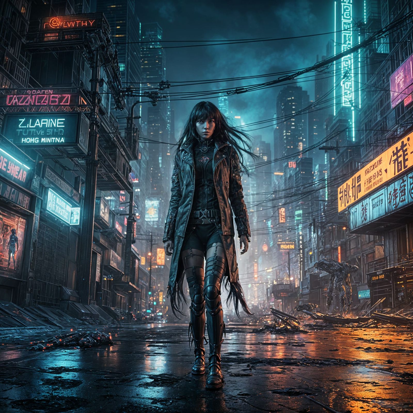 Cyber Zombie Girl in Futuristic City, Detailed Sci-Fi Art