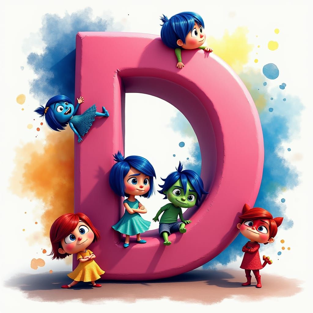 3D Pink Letter D with Inside Out Characters