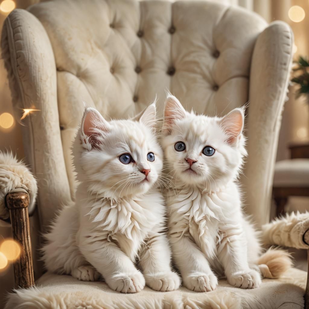 Fluffy White Kittens Under Chair in Whimsical Style