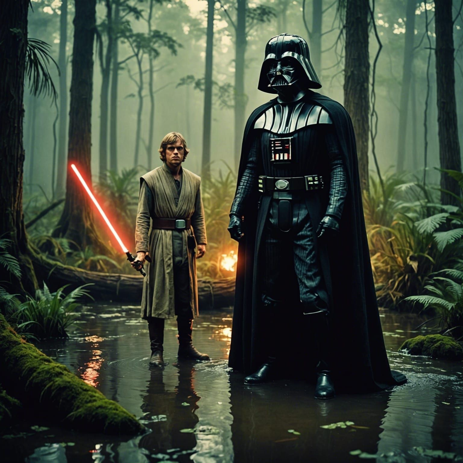 "Darth Vader reveals the truth to Luke Skywalker in a misty Dagobah swamp. Capture the shock and emotion on Luke's face ...