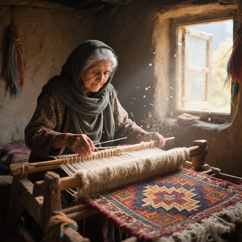 Elderly Muslim Woman Weaving Carpet in Kashmir Village