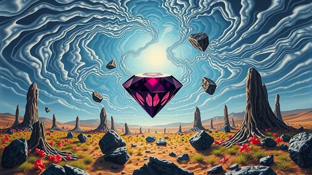 Surreal Landscape with Elastic Flora and Purple Diamond