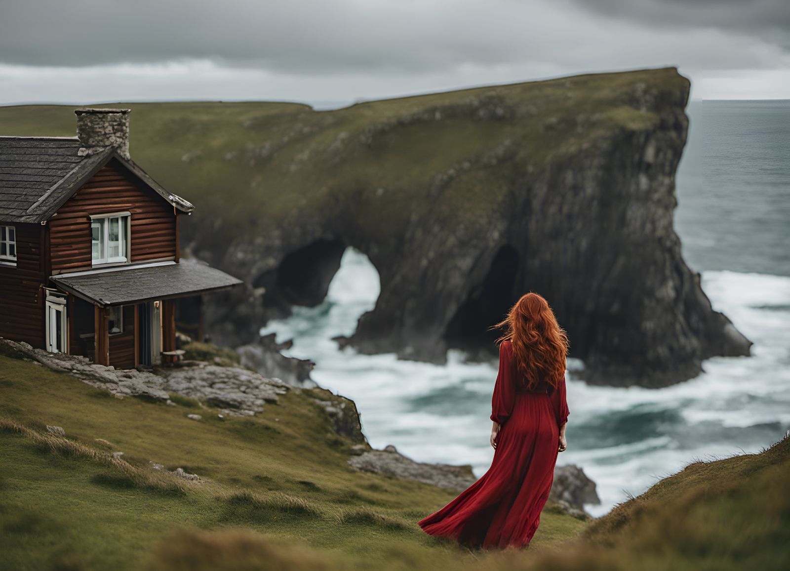 rustic cabin on lush cliffs in Ireland
