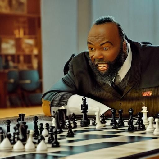 Cinematic Film Still of Mr. T Playing Chess