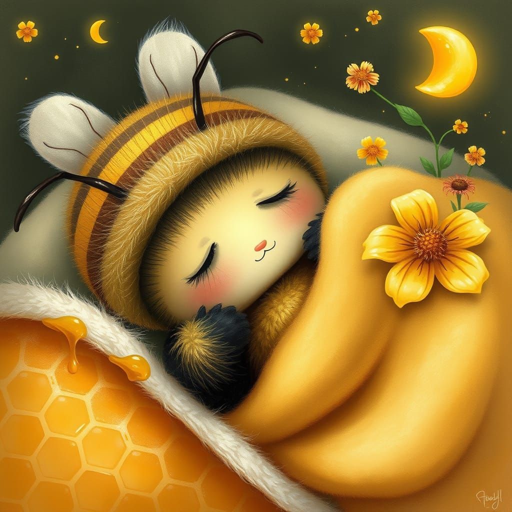 Sleepy bumblebee tucked in with honey comb blanket dreaming about flowers and honey
